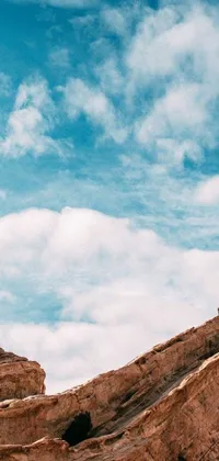 This phone live wallpaper depicts a mesmerizing desert landscape with a person standing on a giant rock gazing towards the blue sky with white clouds