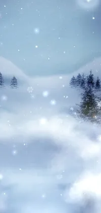 This live phone wallpaper showcases a beautiful snowy landscape with trees and falling snowflakes