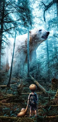 This stunning live wallpaper depicts a breathtaking scene of a polar bear in a vibrant forest