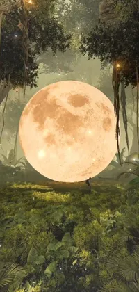 Experience the tranquility of a yellowish full moon shining bright in the middle of a lush forest planet