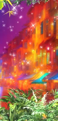This phone live wallpaper features a beautiful digital art painting of a city street at night, with a cozy cafe in the foreground and glowing windows in the buildings