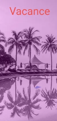 This phone live wallpaper showcases a black and white photo of a luxurious pool surrounded by palm trees