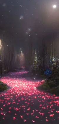 This live phone wallpaper features a nighttime scene in a mysterious forest