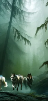 This phone live wallpaper showcases a group of dogs playfully running through a lush forest
