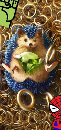 This live wallpaper features a furry hedge sitting on a pile of shimmering gold rings