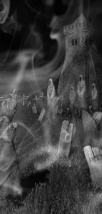 This gripping live phone wallpaper illustrates a haunting Gothic art style with a group of individuals standing in nearby grass at a midnight graveyard