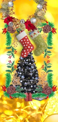 Celebrate the holidays with this delightful live wallpaper for your phone! Featuring a vibrant Christmas stocking on top of a festively decorated tree, this digital collage is a must-have for anyone looking to spread some cheer