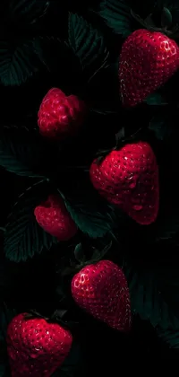 This AMOLED phone live wallpaper features hyperrealistic strawberries on a leaf-covered tree