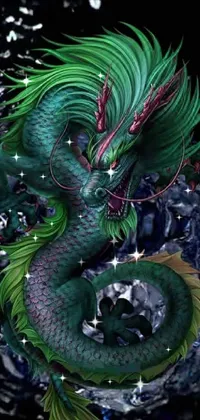 This phone live wallpaper features a captivating green dragon sitting on top of a serene body of water