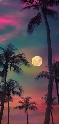 This live wallpaper showcases a colorful sky with palm trees and a full moon in the distance, designed with Lisa Frank's signature playful style
