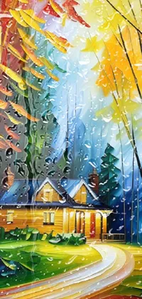 This stunning live wallpaper depicts a fine art painting of a house in the woods