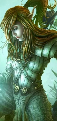 This phone live wallpaper showcases digital art of a female warrior wearing armor and holding a sword