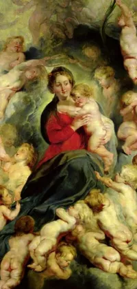 This stunning phone live wallpaper displays a beautifully crafted painting of a serene woman encircled by a host of charming cherubs and angels in a captivating cloud-filled sky