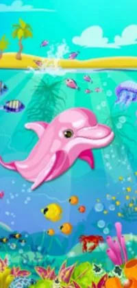 This playful live wallpaper for your mobile phone features a pink dolphin swimming in an ocean backdrop, creating a beautiful and cheerful scene