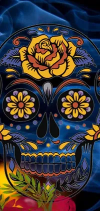 This live wallpaper for your phone features a vibrant digital rendering of a sugar skull with a rose, set against a dark background with bold black, blue, and yellow colors creating a psychedelic effect