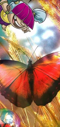 This stunning phone live wallpaper is inspired by psychedelic art and tarot cards, featuring a red butterfly on a vivid green field