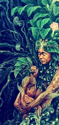 This live wallpaper showcases a beautiful painting of a woman holding a baby, featuring intricate psychedelic and nature elements