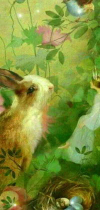 This phone live wallpaper features a stunning digital rendering of a painting depicting a rabbit and bird in a lush garden