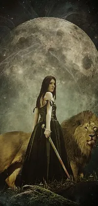 This phone live wallpaper portrays a powerful image of a sword-wielding woman alongside a majestic lion in stunning digital art