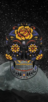 This live wallpaper showcases a stunning and colorful sugar skull with a moon in the background