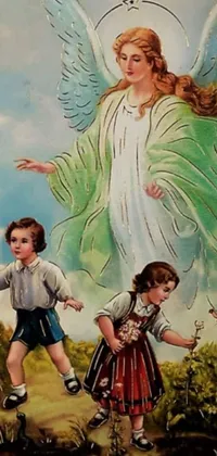 This live wallpaper features a picturesque painting of an angel and two children walking towards a glowing horizon