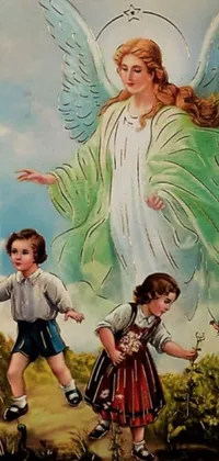 This phone live wallpaper showcases a stunning vintage painting of an angel standing beside two children