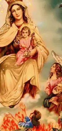 This live phone wallpaper depicts a beautiful painting of the Virgin Mary holding a child surrounded by angels and roses in an elegant gold bordered frame