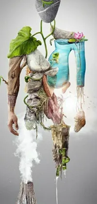 This live phone wallpaper features a man standing next to a tree with his legs replaced by branches and roots