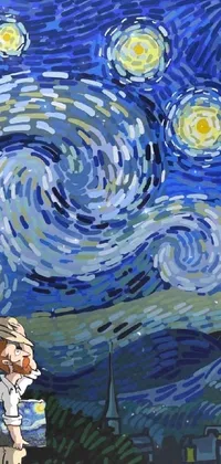 This phone live wallpaper is inspired by pixel art, and features a child standing in front of a painting of a starry night