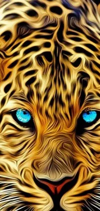 This stunning phone live wallpaper depicts a majestic leopard with glowing golden eyes and striking blue fur in a high angle close-up shot, sure to captivate and enchant you every time you glance at your phone