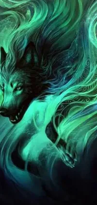 This mesmerizing phone live wallpaper features a stunning painting of a howling wolf amidst the ocean waves, with a glowing green soul blade in its mouth