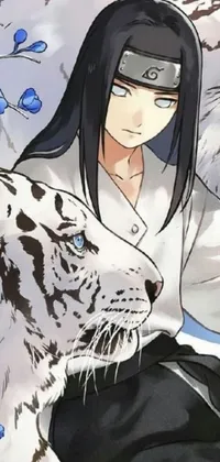 This stunning live wallpaper depicts a majestic white tiger resting beside a graceful woman