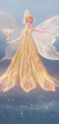 This phone live wallpaper features a serene image of a fairy standing in a calm body of water, holding a golden chalice