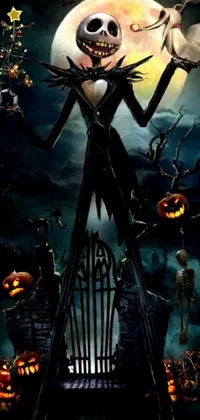 This spooky phone live wallpaper features a cartoon character in front of a gate with intricate gothic designs and jack-o-lanterns in the background