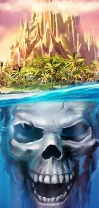 This phone live wallpaper showcases an eerie skull floating in the ocean with a castle in the backdrop against a serene tropical background