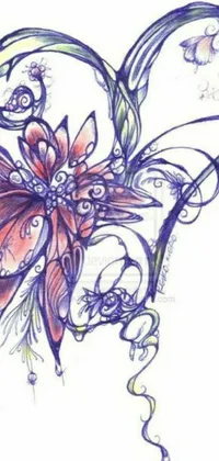This purple and red flower heart phone live wallpaper showcases a stunning color pencil drawing with an Art Nouveau theme