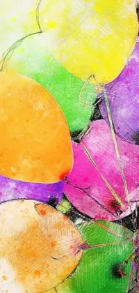 This lively and colorful phone live wallpaper features a close-up view of a bunch of balloons set against a happy gathering at a birthday party