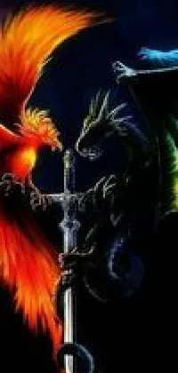 This phone live wallpaper depicts a fierce battle between two vibrant and colorful dragons over a gleaming sword with a rooster adding an unexpected twist to the scene
