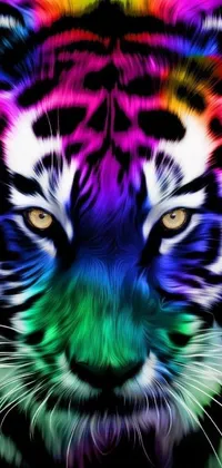 Get a vibrant and electrifying live wallpaper for your phone with this close-up digital rendering of a ferocious tiger's face by a renowned psychedelic artist