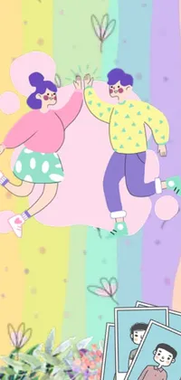 Brighten up your phone's home screen with this lively live wallpaper featuring two cartoon characters jumping with joy against a vividly colorful rainbow background