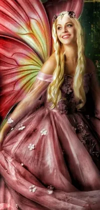 This phone wallpaper features an eye-catching, photorealistic fairy in a pink dress and iridescent wings, surrounded by a mesmerizing fantasy art backdrop