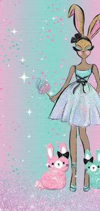This live phone wallpaper features an elegant African American girl wearing a stunning dress and cute bunny ears