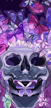 This phone live wallpaper displays a skull with butterflies on a vaporwave background, changing color during the day