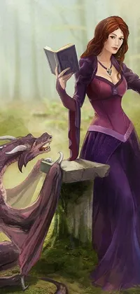 This phone wallpaper features a beautiful fantasy illustration of a woman reading while sitting on a bench beside a fierce dragon, garbed in a striking purple gown