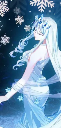 This breathtaking live wallpaper features a mesmerizing image of a woman with long, white hair standing amidst a flurry of delicate snowflakes, against a stunning background that captures the magic of fantasy art and anime