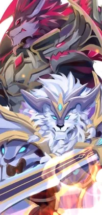 This phone live wallpaper showcases an astonishing concept art of a sword-wielding furry in white and red armor standing amidst a group of regal lions