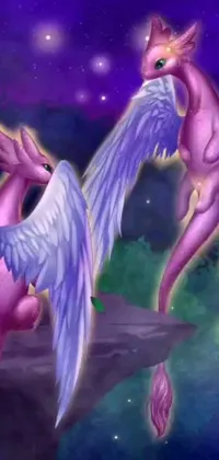 This phone live wallpaper features pink horses, elven angel, anthro dragon, surrealistic bird, and galaxy