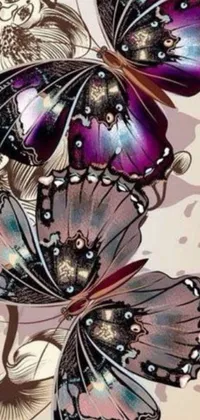 This live phone wallpaper showcases a detailed art nouveau design featuring a cluster of butterflies relaxing on a large flower