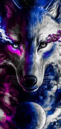 Looking for a mystical and eye-catching live wallpaper for your phone? Check out this digital painting of a wolf with a full moon in the background