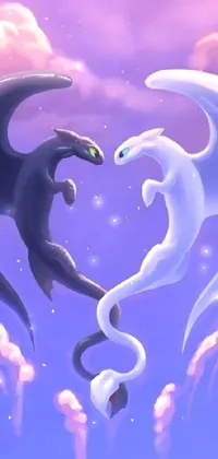 This live wallpaper for your phone features two black-and-white dragons soaring through the sky